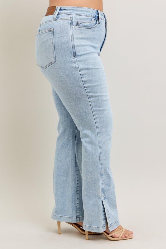 Judy Blue Full Size Tummy Control Vintage Wash Side Slit Slim Boot Jeans Plus Size - Too Dimes Boutique