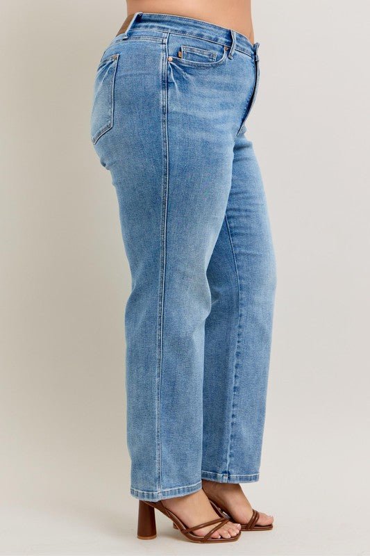 Judy Blue Full Size Tummy Control Vintage Wash Straight Jeans Plus Size - Too Dimes Boutique