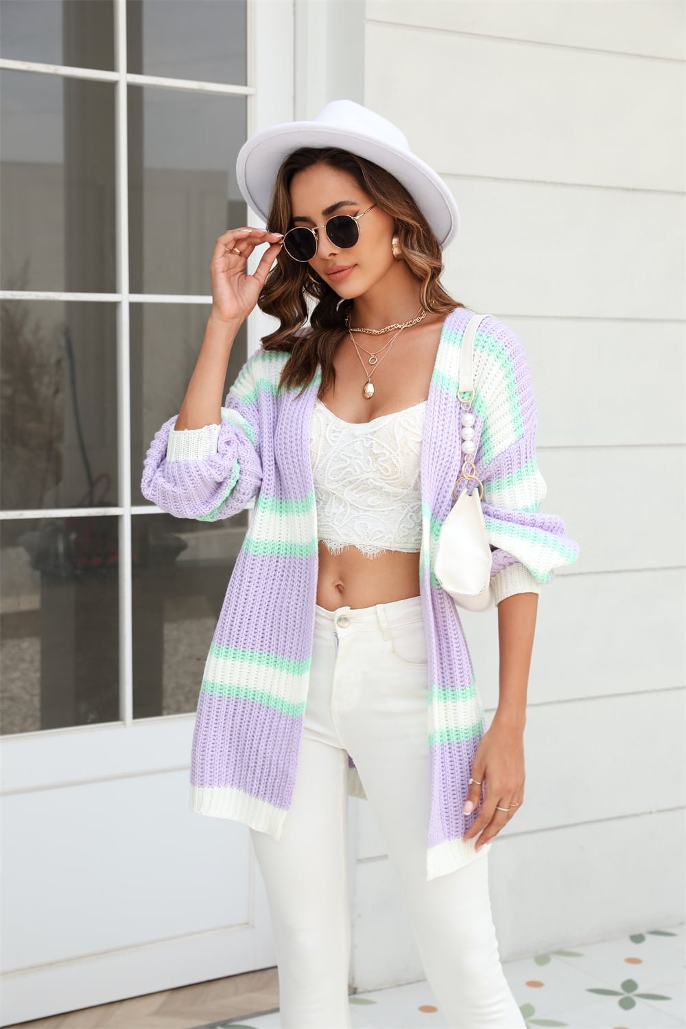 Angel Wings Color Block Ribbed Dropped Shoulder Open Front Cardigan - Too Dimes Boutique