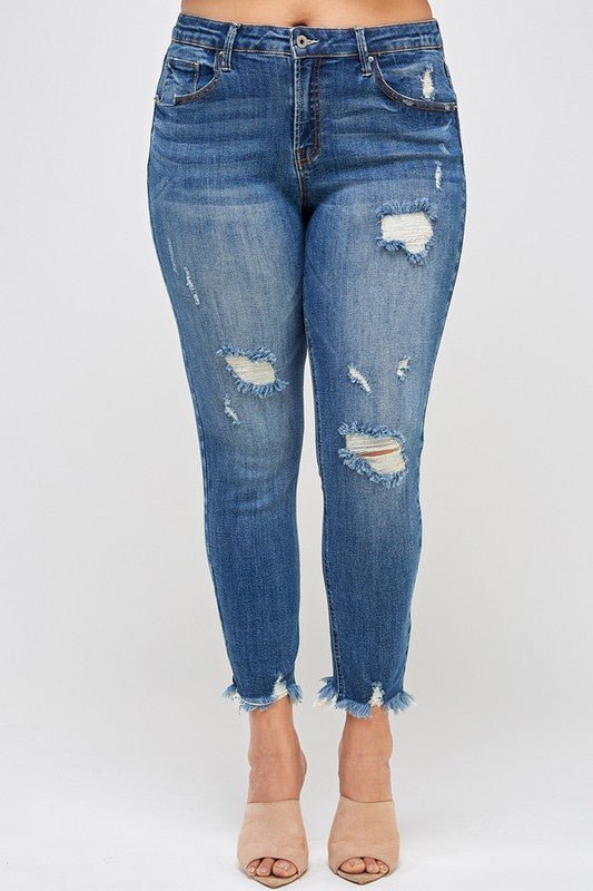 PLUS SIZE HIGH RISE DISTRESSED ANKLE SKINNY - Too Dimes Boutique