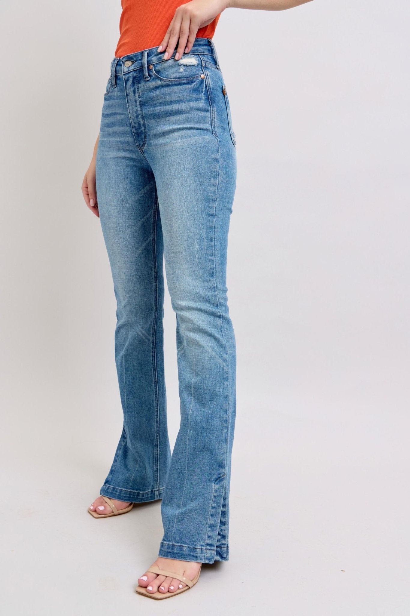 Judy Blue HW Tummy Control Vintage Wash Side Slit Slim Boot Jeans - Too Dimes Boutique