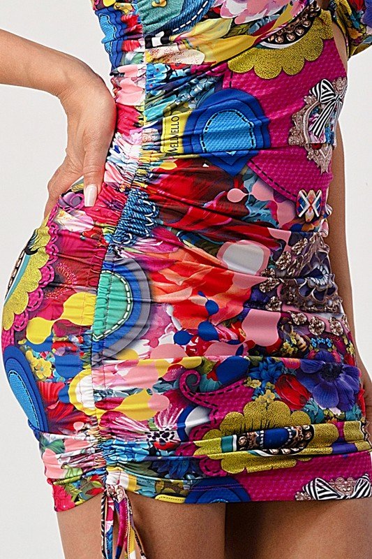 PRINTED ONE SHOULDER MINI DRESS - Too Dimes Boutique