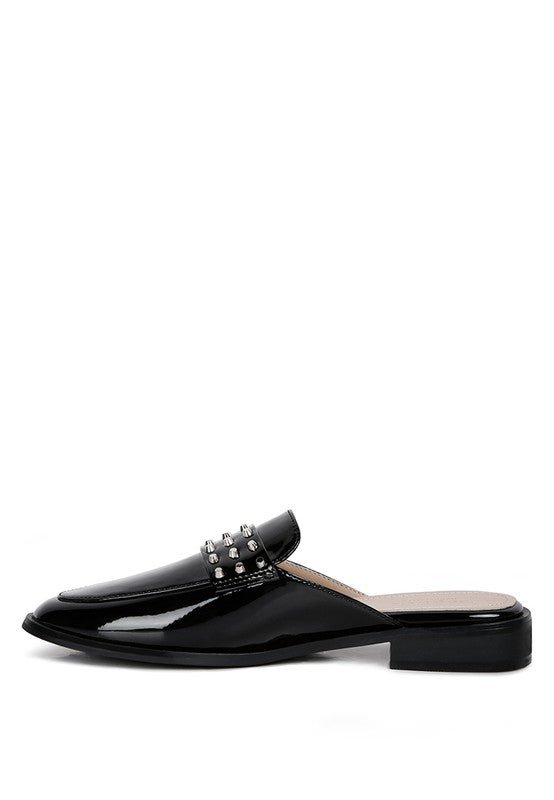 YASHTA Patent Studded Flat Mules - Too Dimes Boutique