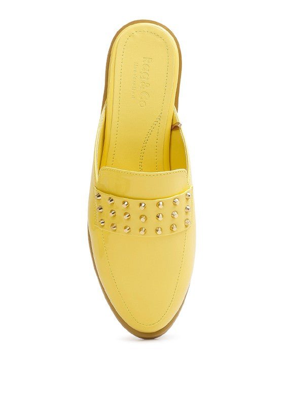 YASHTA Patent Studded Flat Mules - Too Dimes Boutique