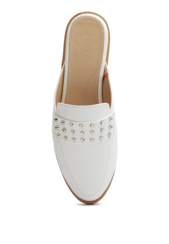 YASHTA Patent Studded Flat Mules - Too Dimes Boutique