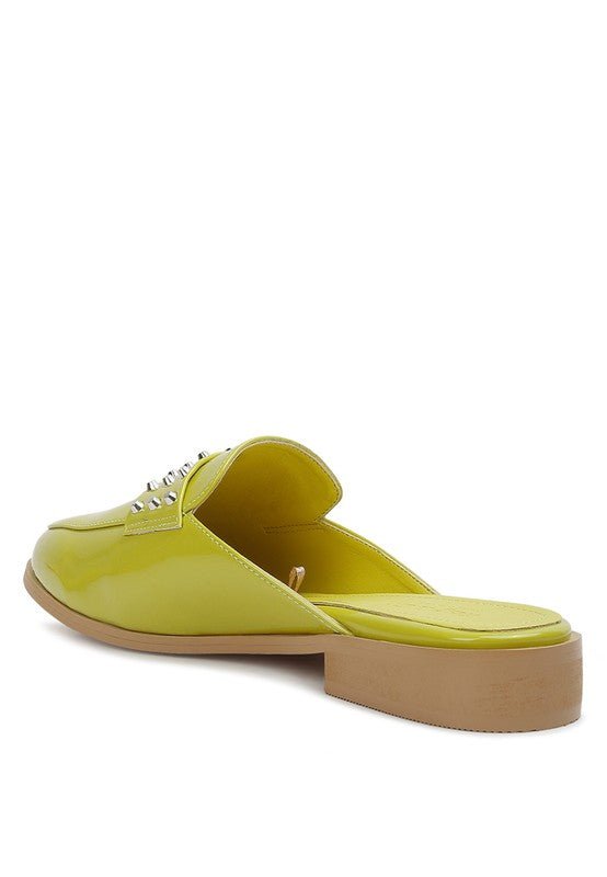 YASHTA Patent Studded Flat Mules - Too Dimes Boutique