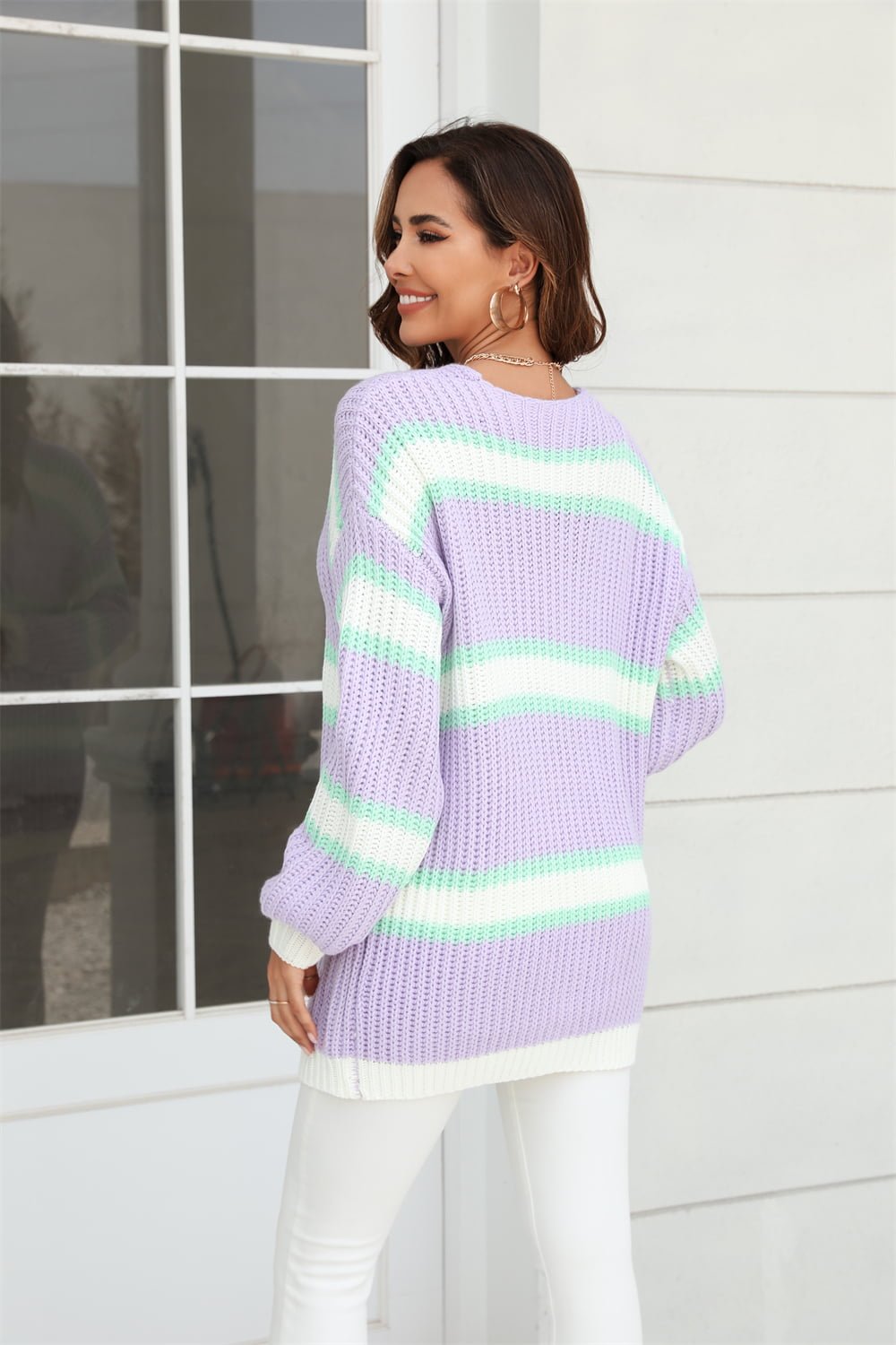 Angel Wings Color Block Ribbed Dropped Shoulder Open Front Cardigan - Too Dimes Boutique
