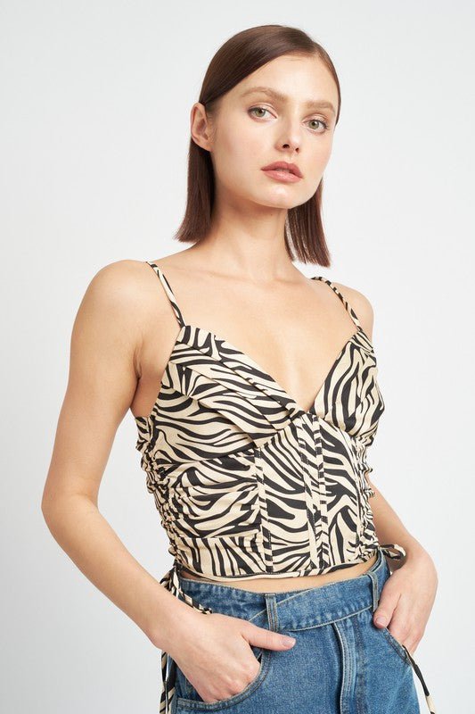 ZEBRA PRINT RUCHED CORSET TOP - Too Dimes Boutique