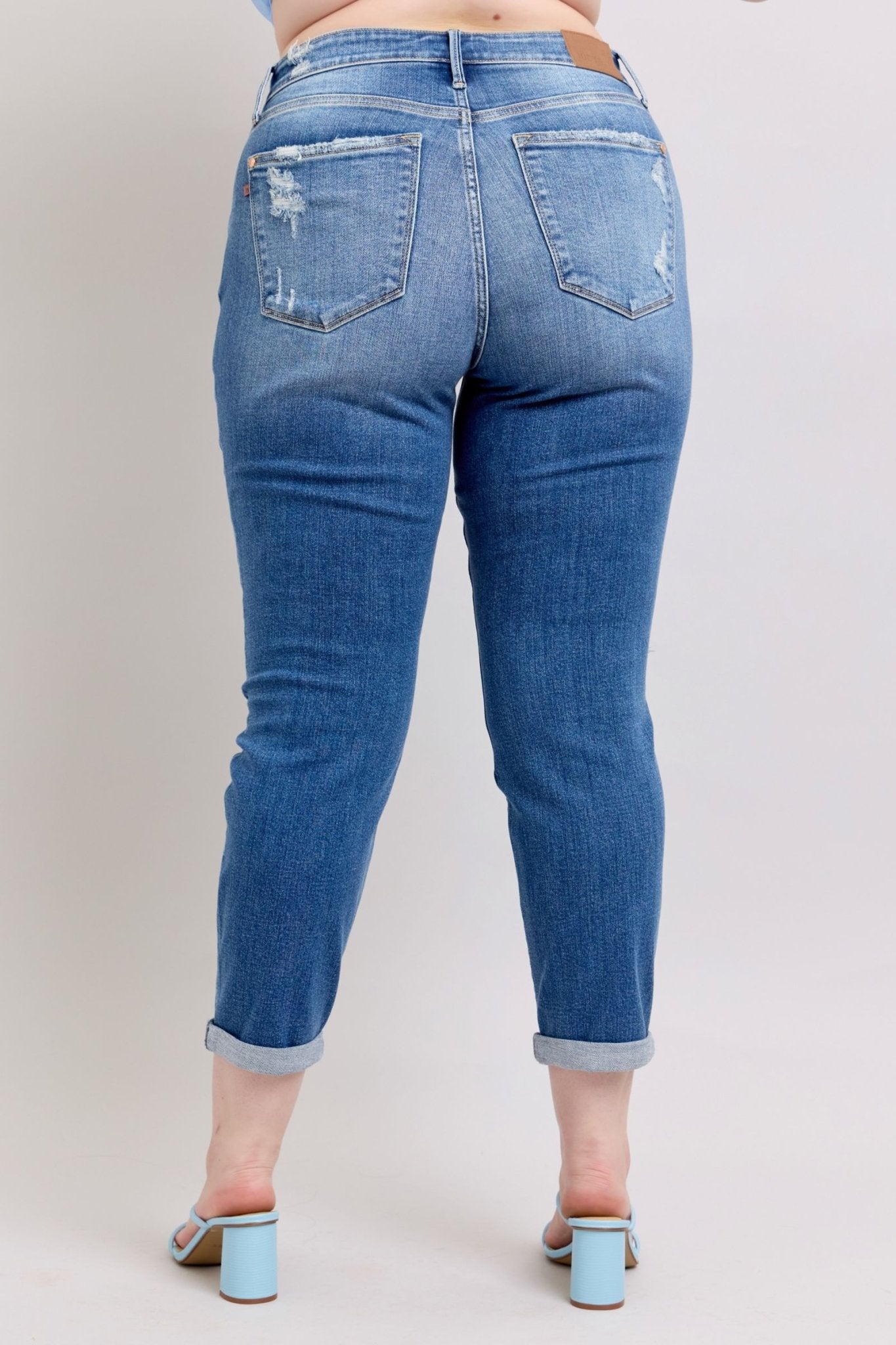 Judy Blue Full Size Button Fly Distressed Jeans with Pockets Plus Size - Too Dimes Boutique