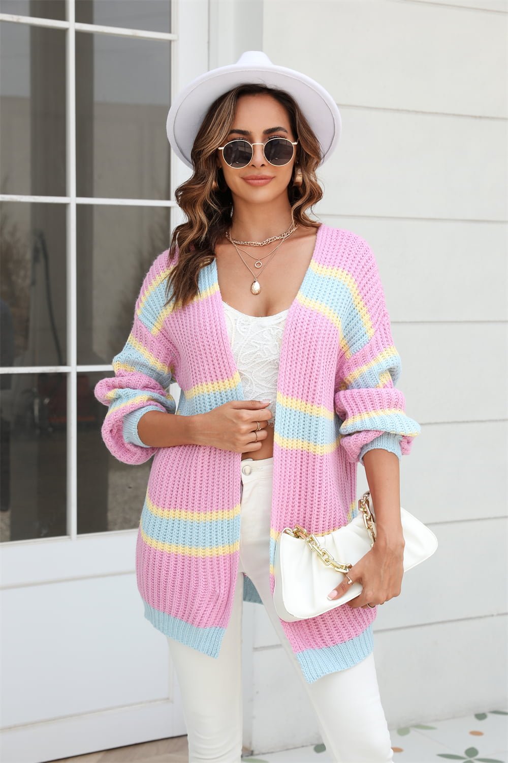 Angel Wings Color Block Ribbed Dropped Shoulder Open Front Cardigan - Too Dimes Boutique