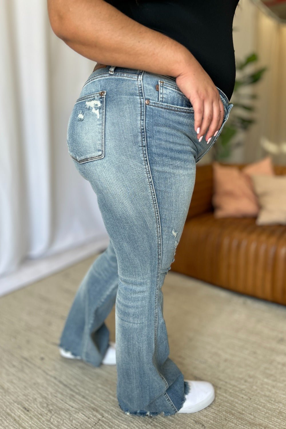 Judy Blue Full Size Medium Rise Tummy Control Destroy Flare - Too Dimes Boutique