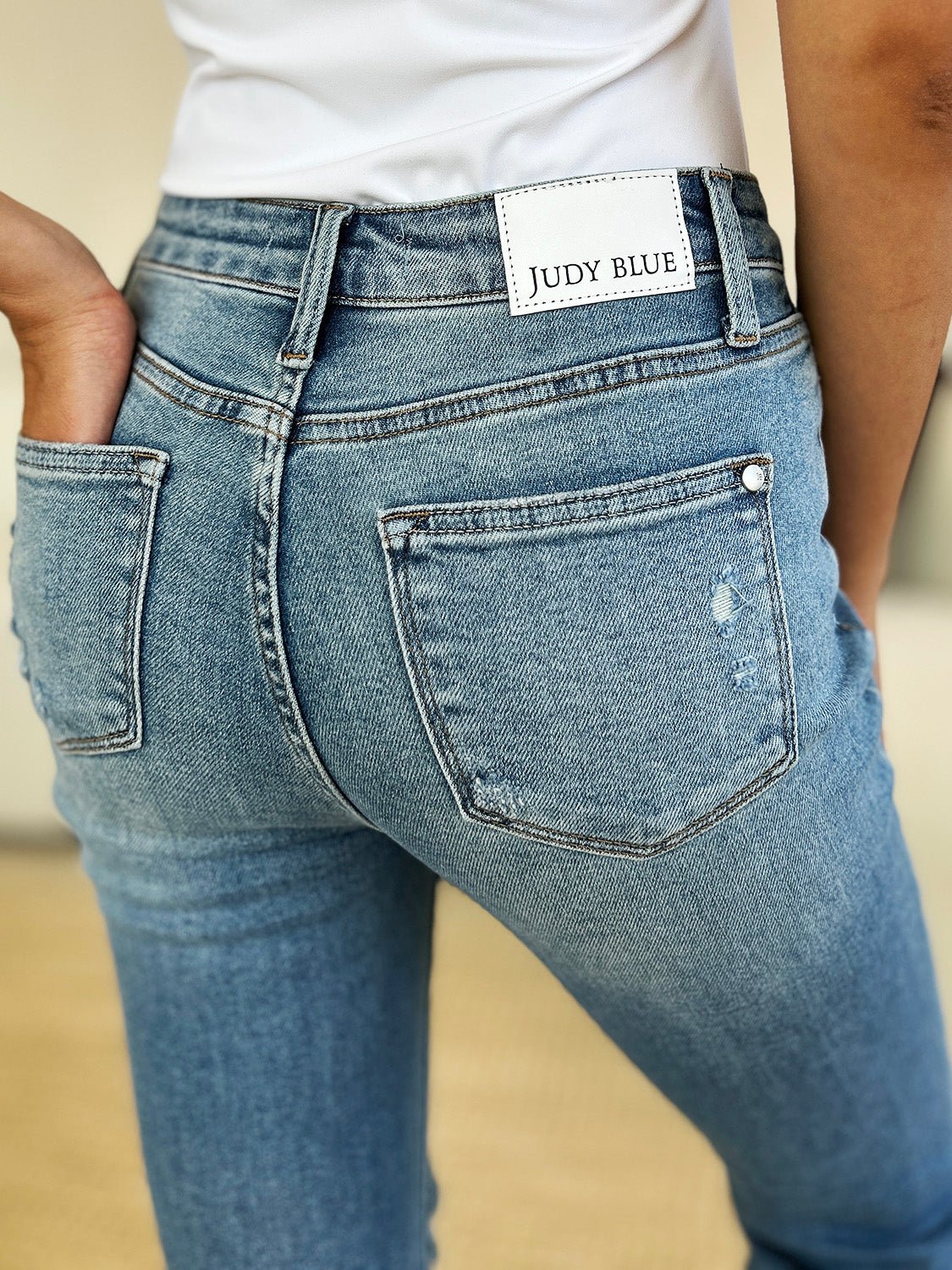 Judy Blue Full Size Mid Rise Destroyed Hem Distressed Jeans - Too Dimes Boutique
