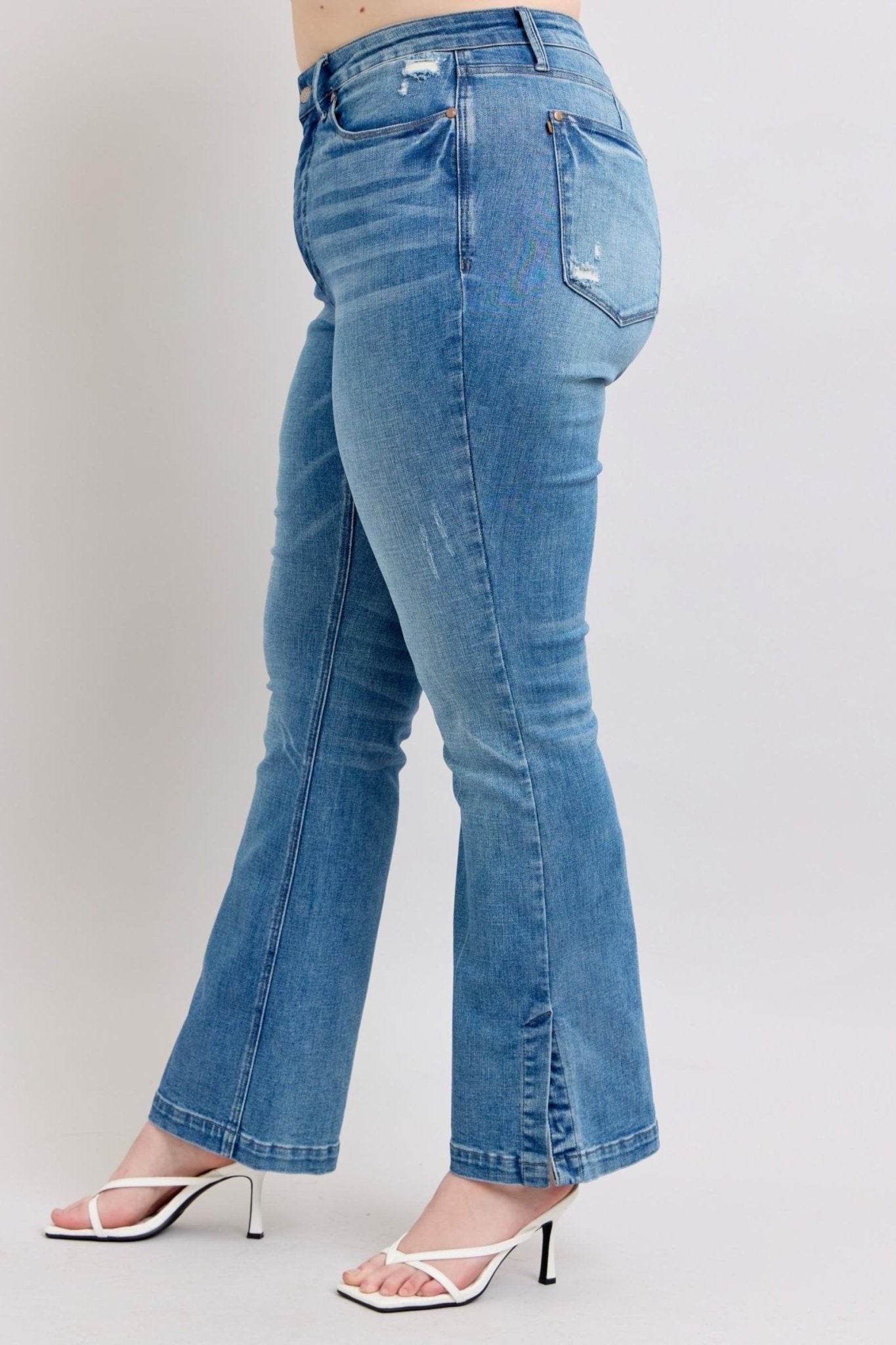 Judy Blue HW Tummy Control Vintage Wash Side Slit Slim Boot Jeans - Too Dimes Boutique