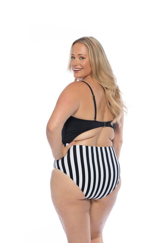 BLACK AND STRIPED CUTOUT ONE PIECE SWIMSUIT - Too Dimes Boutique