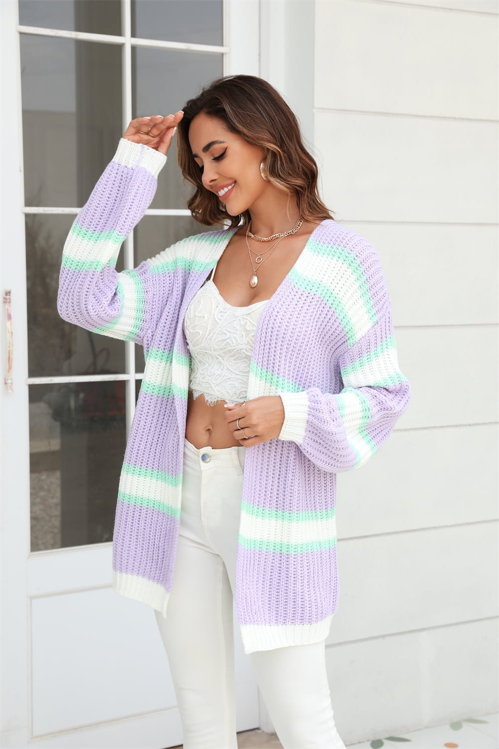 Angel Wings Color Block Ribbed Dropped Shoulder Open Front Cardigan - Too Dimes Boutique