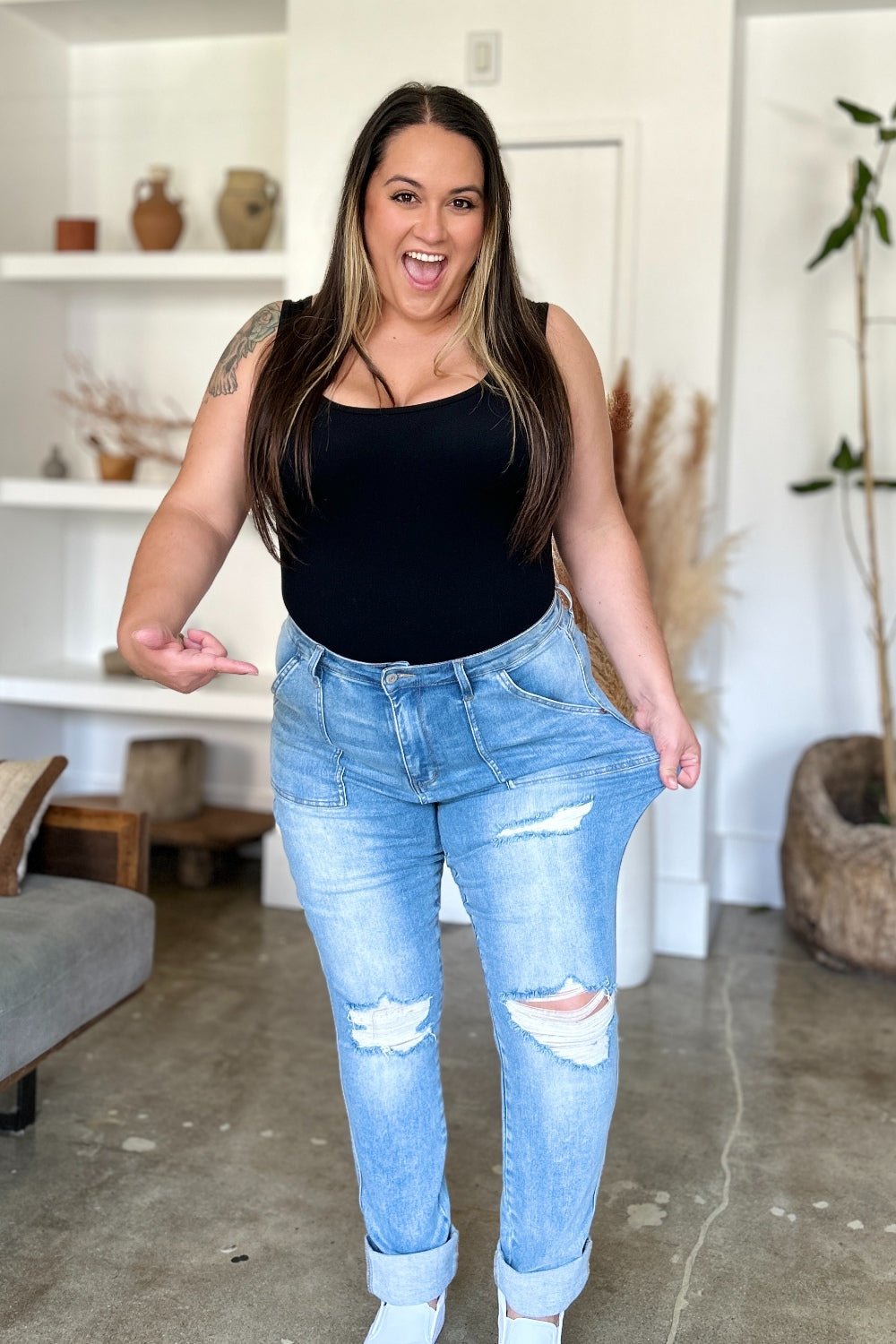Judy Blue Full Size Distressed Straight Jeans with Patch Pockets - Too Dimes Boutique