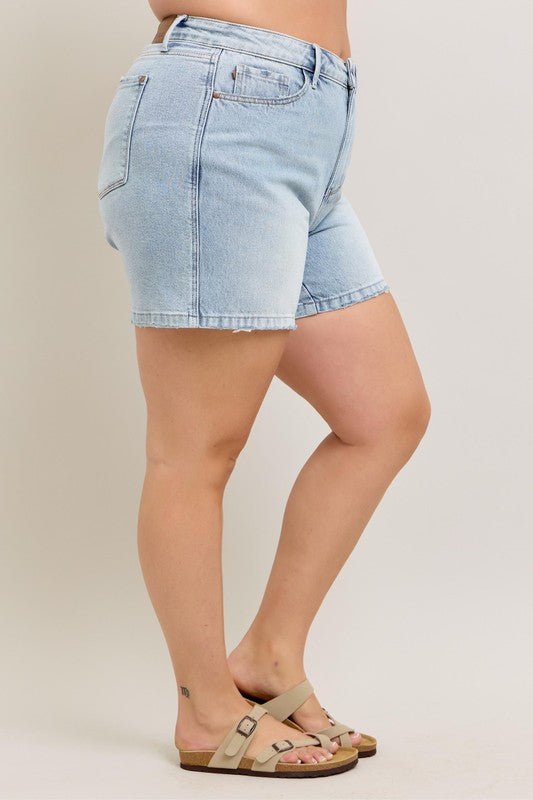 Judy Blue Full Size Frayed Hem High Rise Denim Shorts with Pockets Plus Size - Too Dimes Boutique