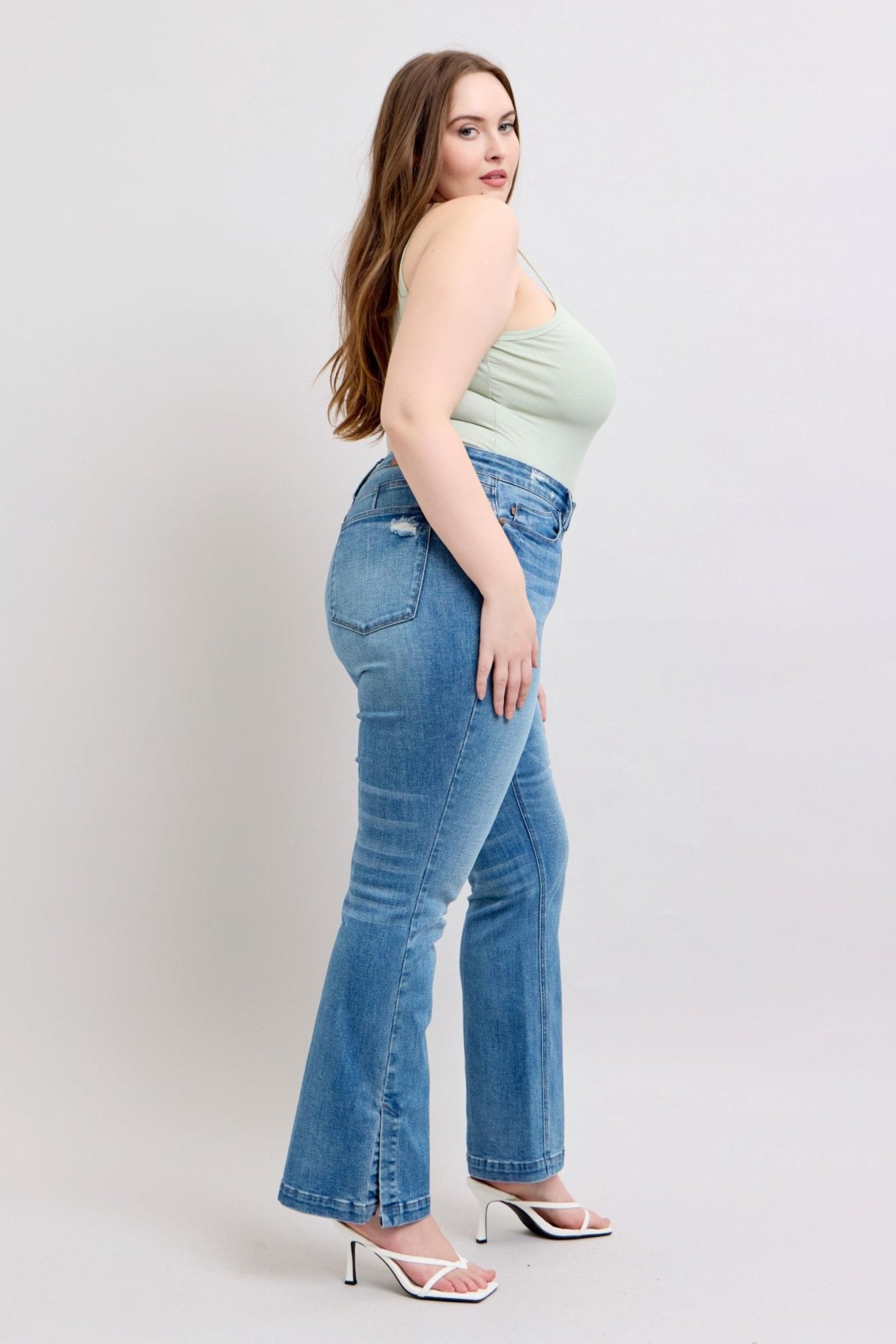 Judy Blue HW Tummy Control Vintage Wash Side Slit Slim Boot Jeans - Too Dimes Boutique