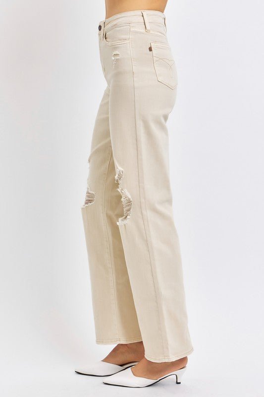 Judy Blue Full Size High Waist Distressed Wide Leg Jeans - Too Dimes Boutique
