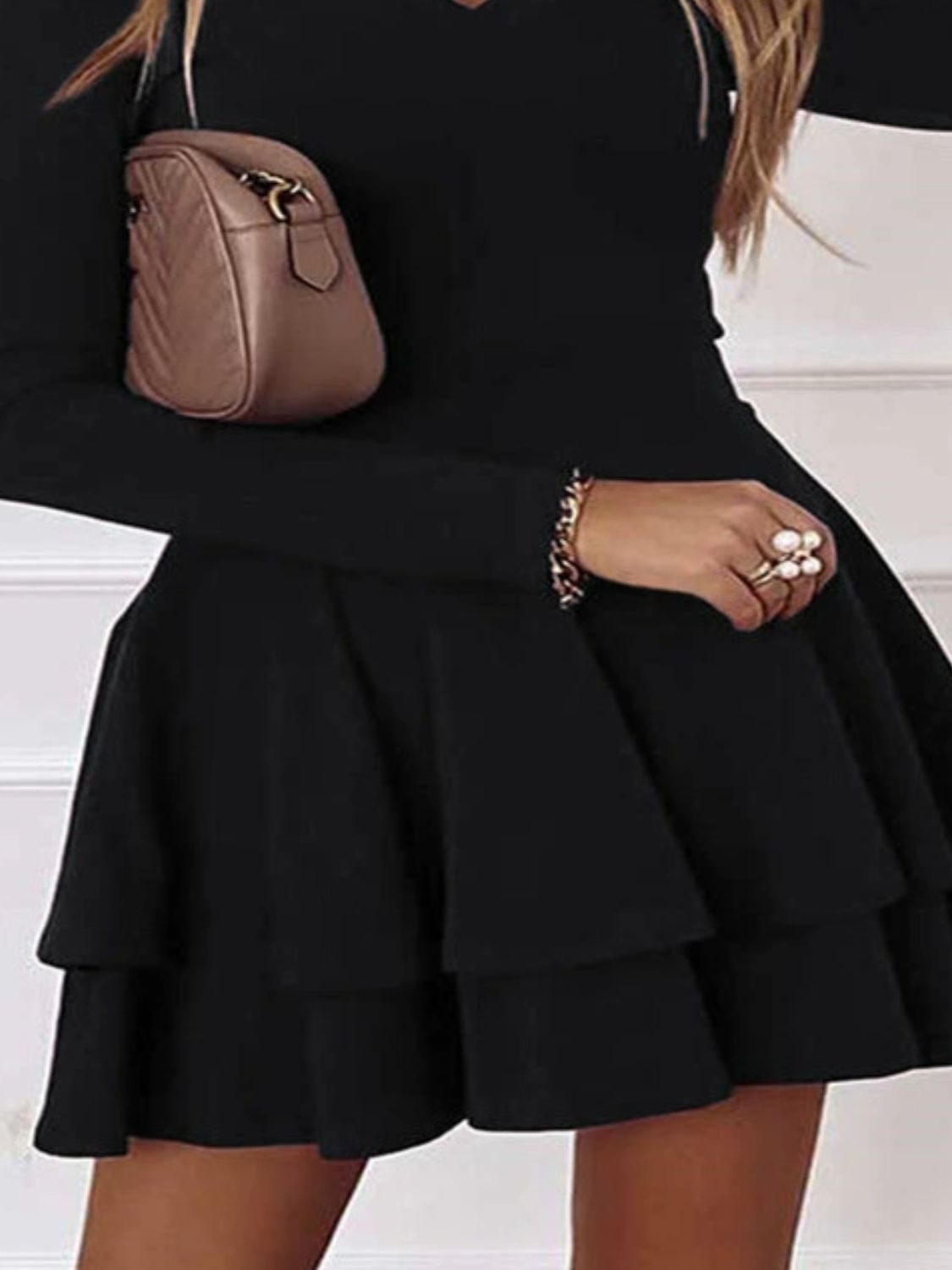 Plus Size Layered V - Neck Long Sleeve Mini Dress - Too Dimes Boutique