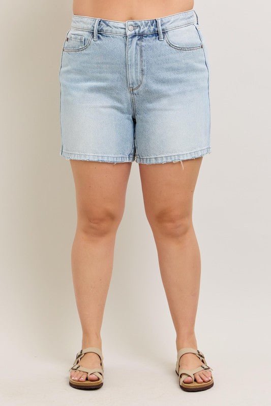 Judy Blue Full Size Frayed Hem High Rise Denim Shorts with Pockets Plus Size - Too Dimes Boutique
