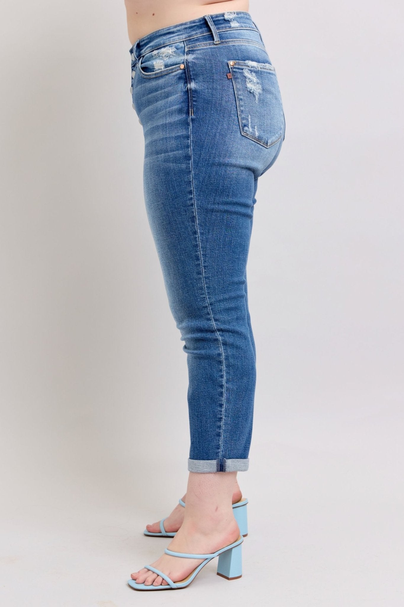 Judy Blue Full Size Button Fly Distressed Jeans with Pockets Plus Size - Too Dimes Boutique
