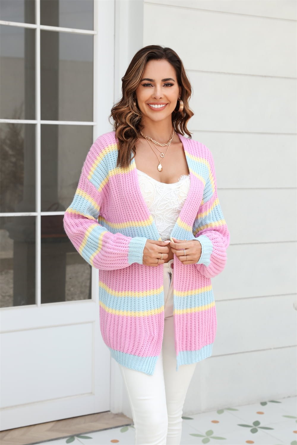 Angel Wings Color Block Ribbed Dropped Shoulder Open Front Cardigan - Too Dimes Boutique