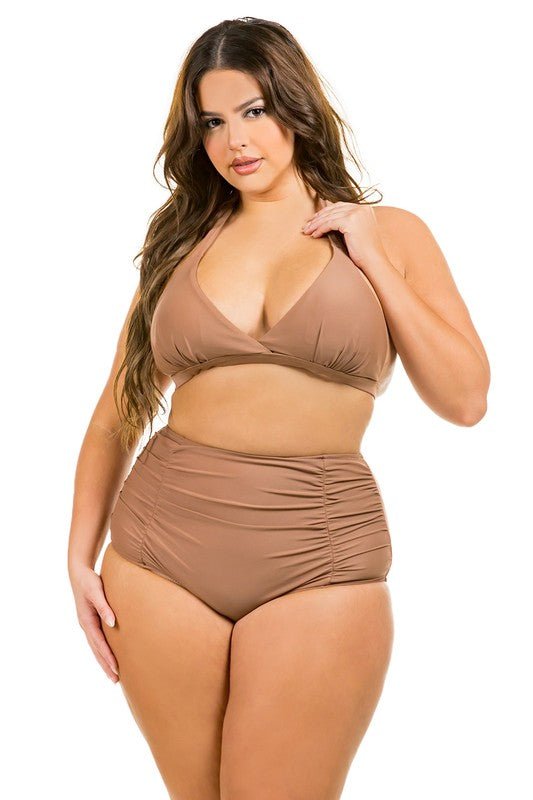 Two Piece High Waist with Rughe Front - Too Dimes Boutique