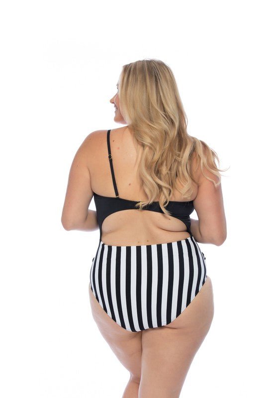 BLACK AND STRIPED CUTOUT ONE PIECE SWIMSUIT - Too Dimes Boutique