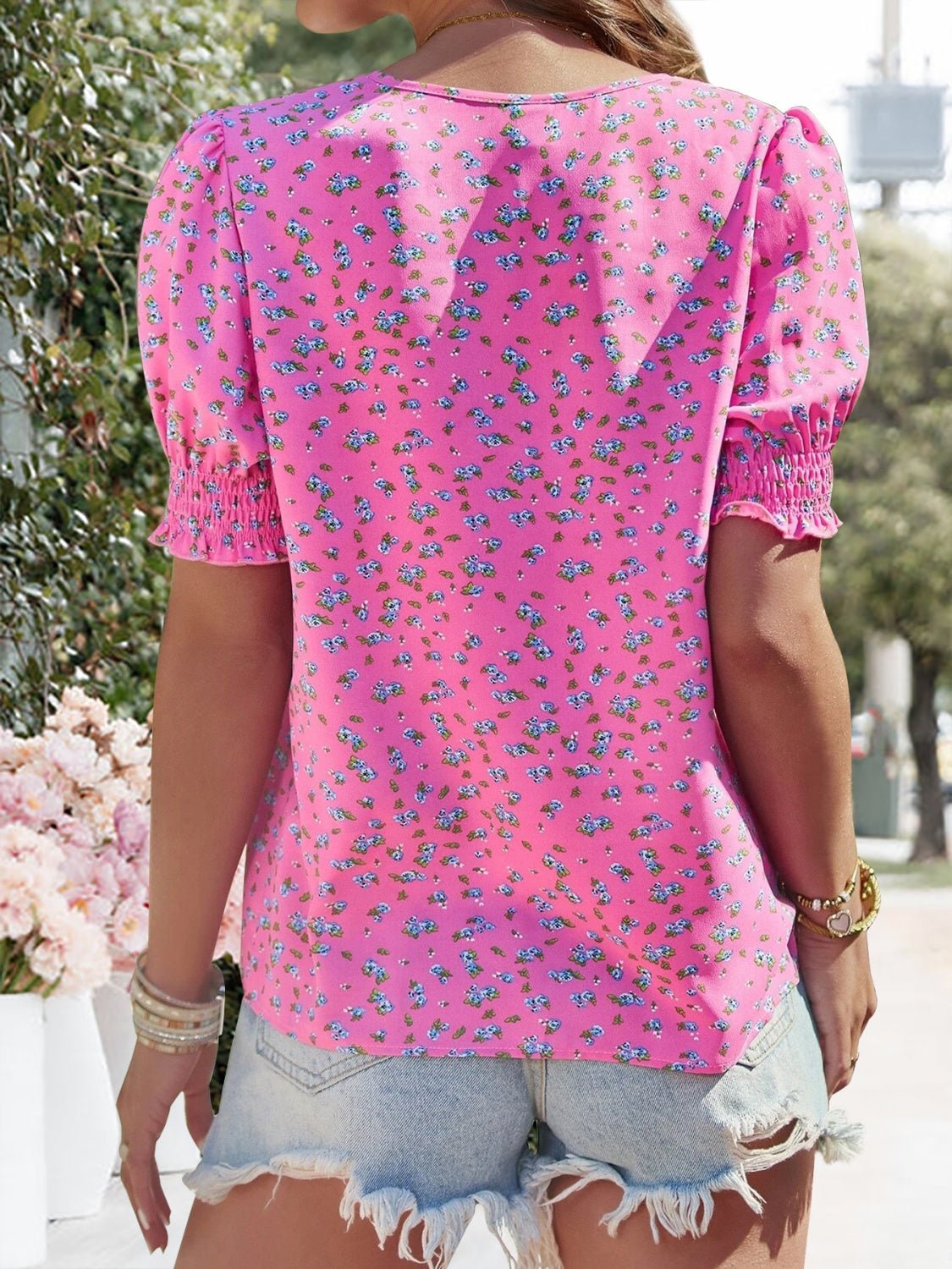 Printed V - Neck Short Sleeve Blouse - Too Dimes Boutique