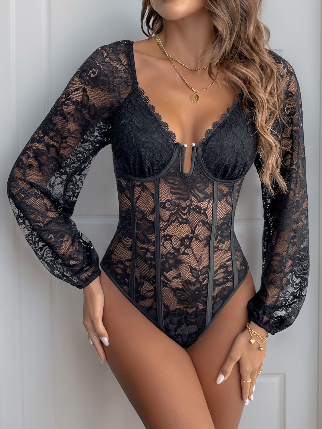Perfee Lace V - Neck Long Sleeve Bodysuit - Too Dimes Boutique