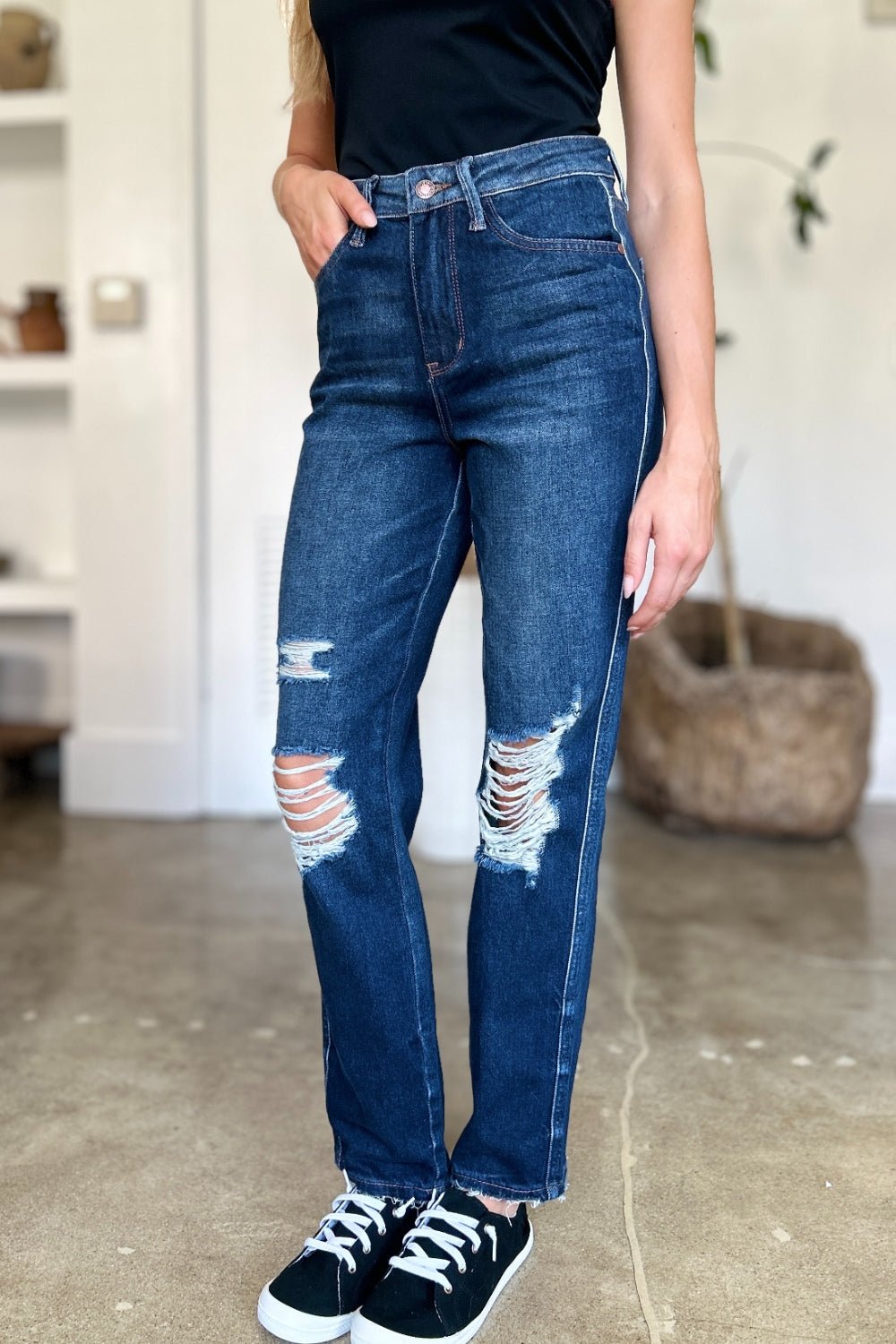 Judy Blue Full Size High Waist Rigid Magic Heavy Destroy Straight Jeans - Too Dimes Boutique