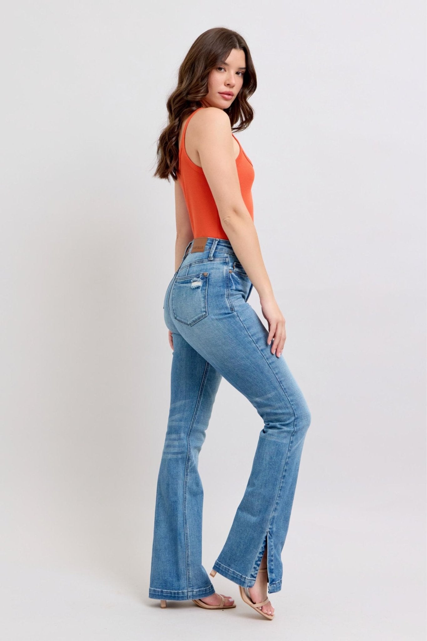 Judy Blue HW Tummy Control Vintage Wash Side Slit Slim Boot Jeans - Too Dimes Boutique