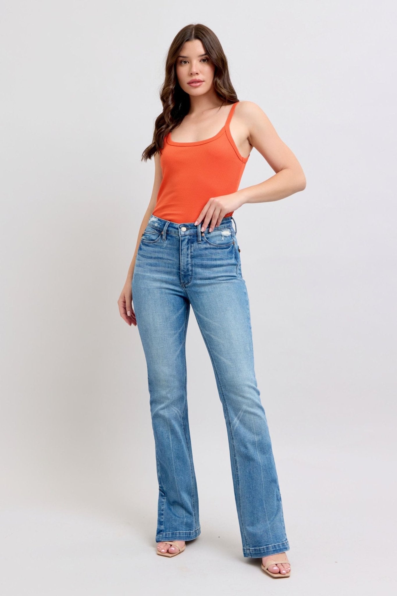Judy Blue HW Tummy Control Vintage Wash Side Slit Slim Boot Jeans - Too Dimes Boutique