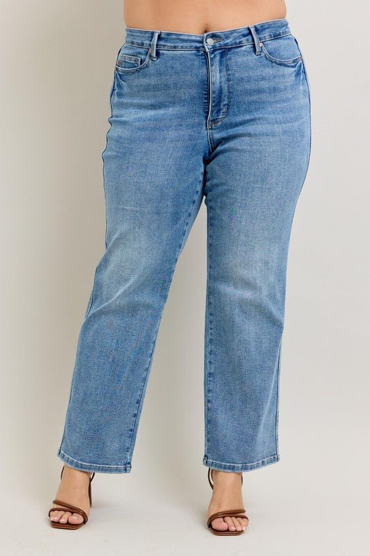 Judy Blue Full Size Tummy Control Vintage Wash Straight Jeans Plus Size - Too Dimes Boutique