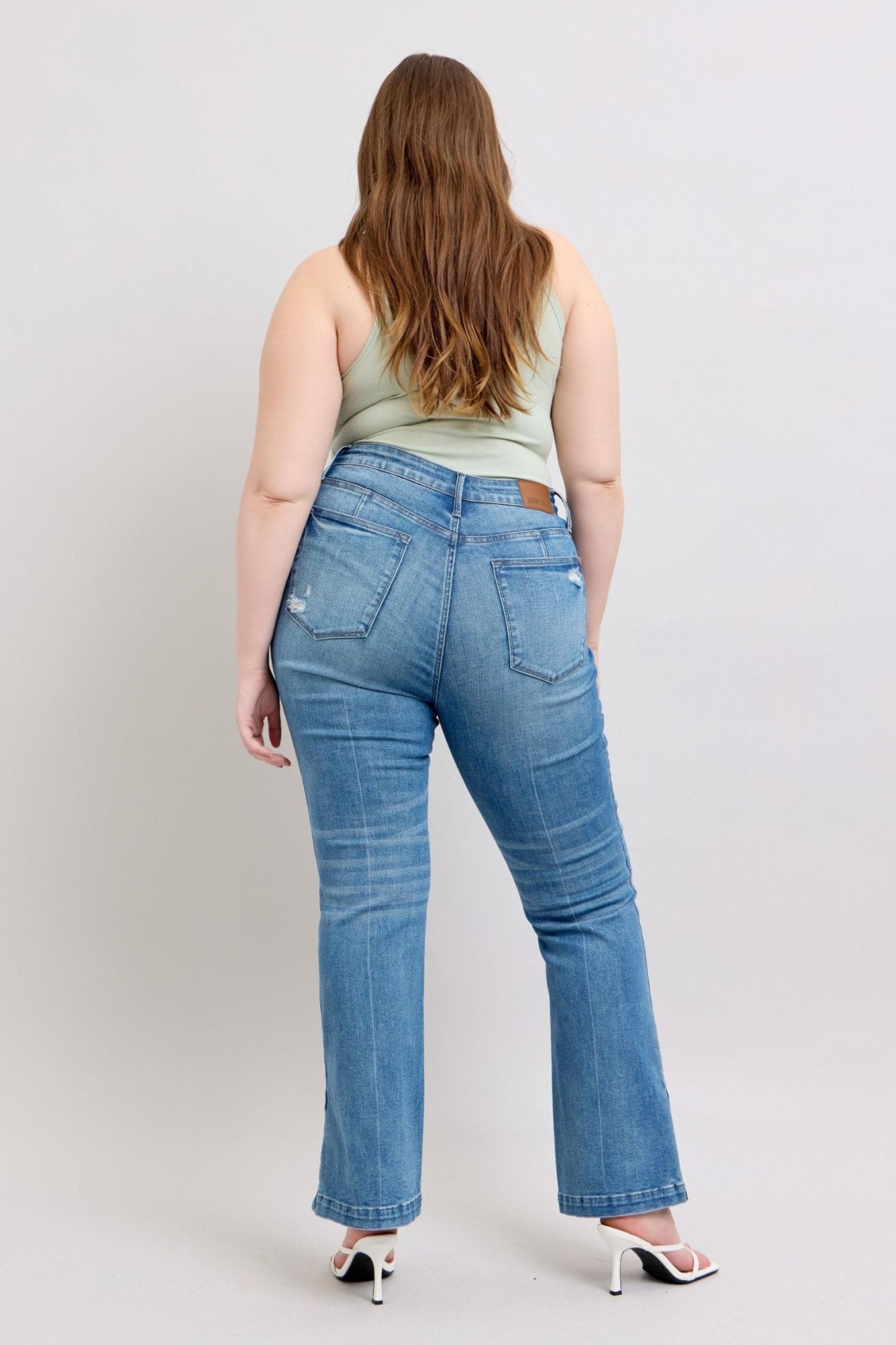 Judy Blue HW Tummy Control Vintage Wash Side Slit Slim Boot Jeans - Too Dimes Boutique