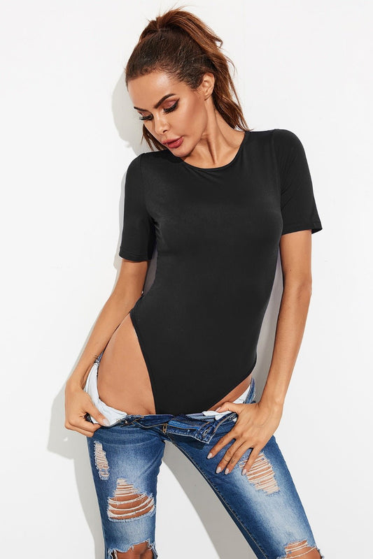 Round Neck Short Sleeve Bodysuit - Too Dimes Boutique