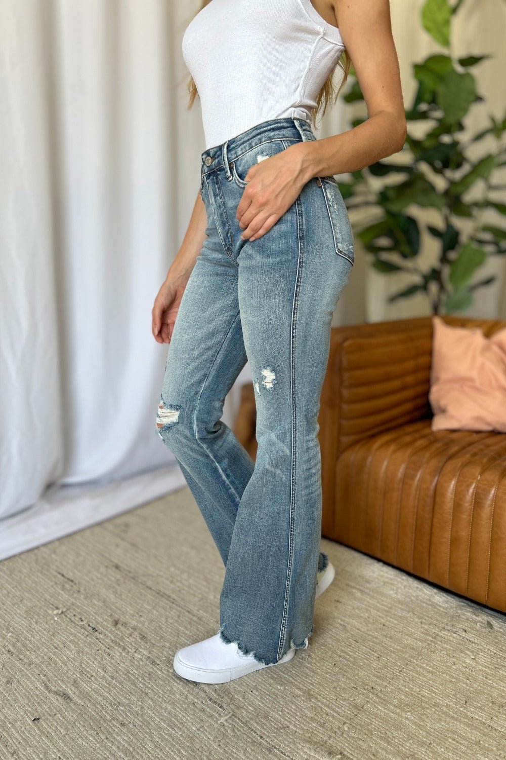 Judy Blue Full Size Medium Rise Tummy Control Destroy Flare - Too Dimes Boutique