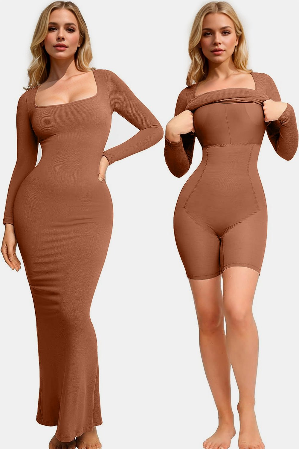 Basic Bae Built - In Shapewear Square Neck Long Sleeve Maxi Dress - Too Dimes Boutique