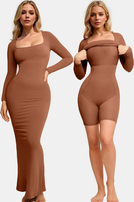 Basic Bae Built - In Shapewear Square Neck Long Sleeve Maxi Dress - Too Dimes Boutique
