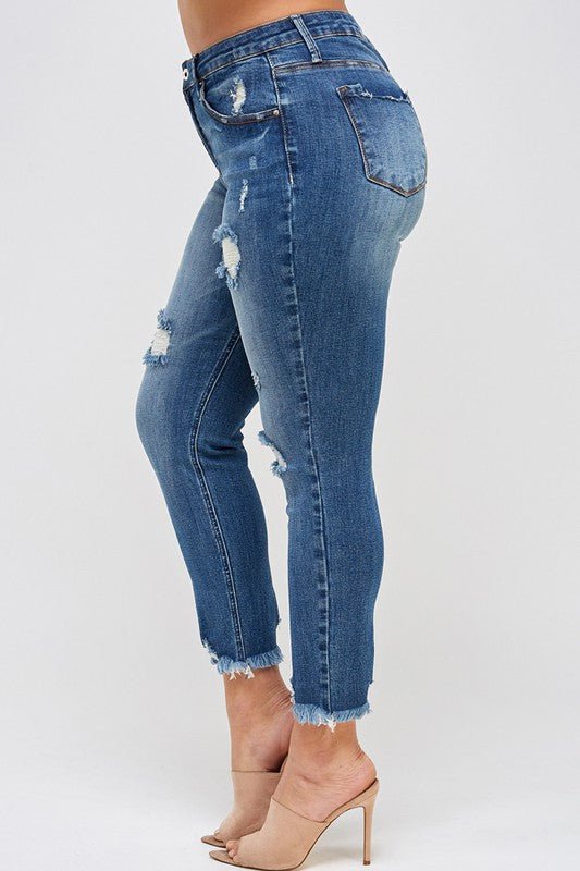 PLUS SIZE HIGH RISE DISTRESSED ANKLE SKINNY - Too Dimes Boutique