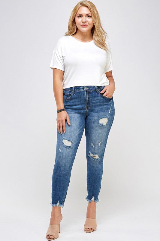 PLUS SIZE HIGH RISE DISTRESSED ANKLE SKINNY - Too Dimes Boutique