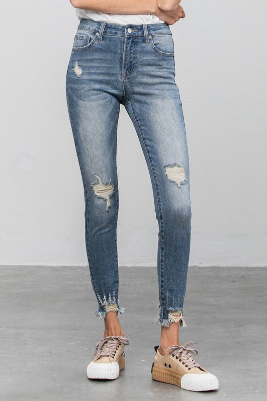 Distressed Raw Hem Skinny Jeans - Too Dimes Boutique