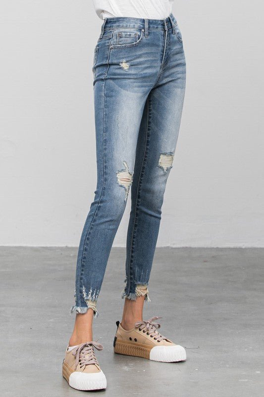 Distressed Raw Hem Skinny Jeans - Too Dimes Boutique