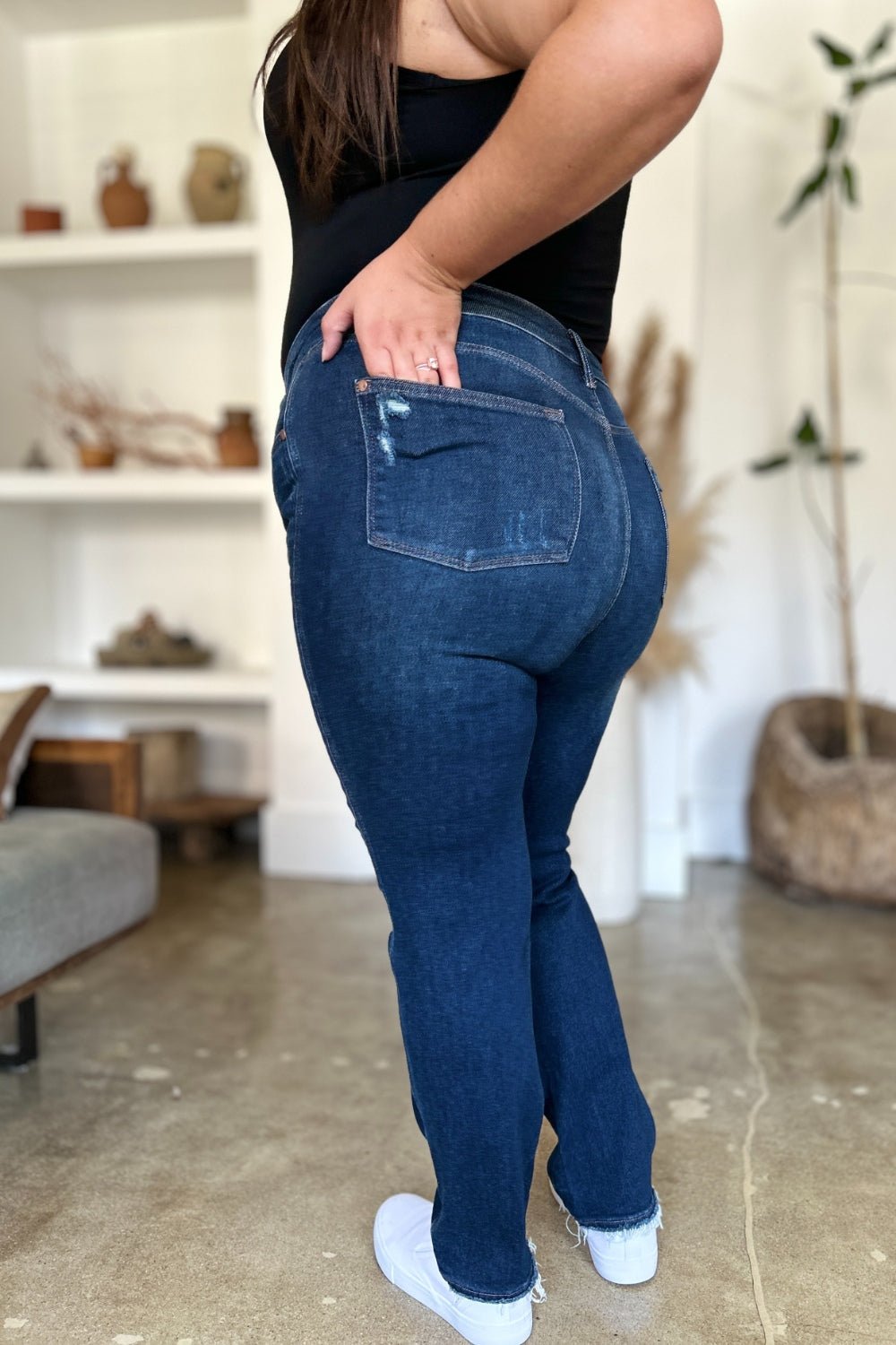 Judy Blue Full Size High Waist Rigid Magic Heavy Destroy Straight Jeans - Too Dimes Boutique