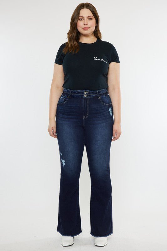 Plus High Rise Double WB Fray Hem Flare Jeans - Too Dimes Boutique