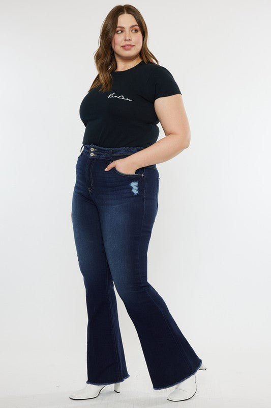 Plus High Rise Double WB Fray Hem Flare Jeans - Too Dimes Boutique