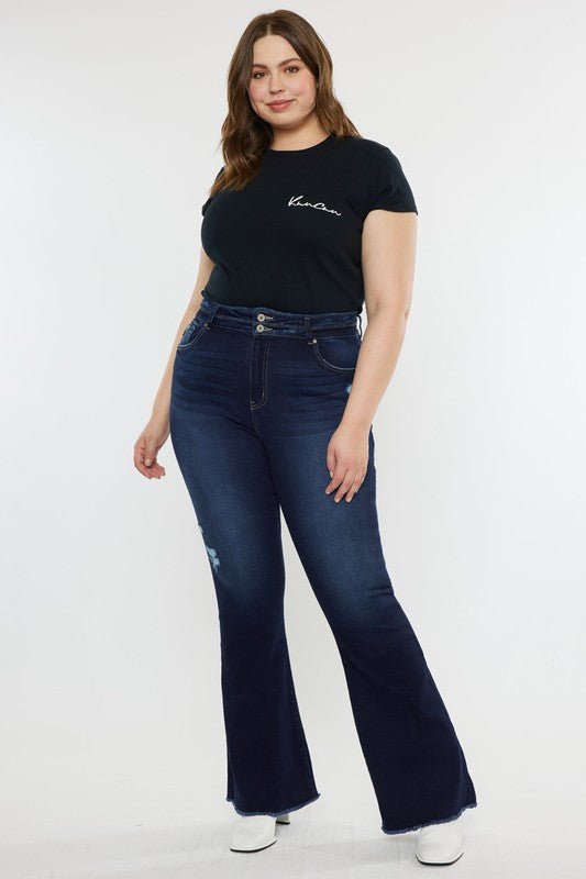 Plus High Rise Double WB Fray Hem Flare Jeans - Too Dimes Boutique