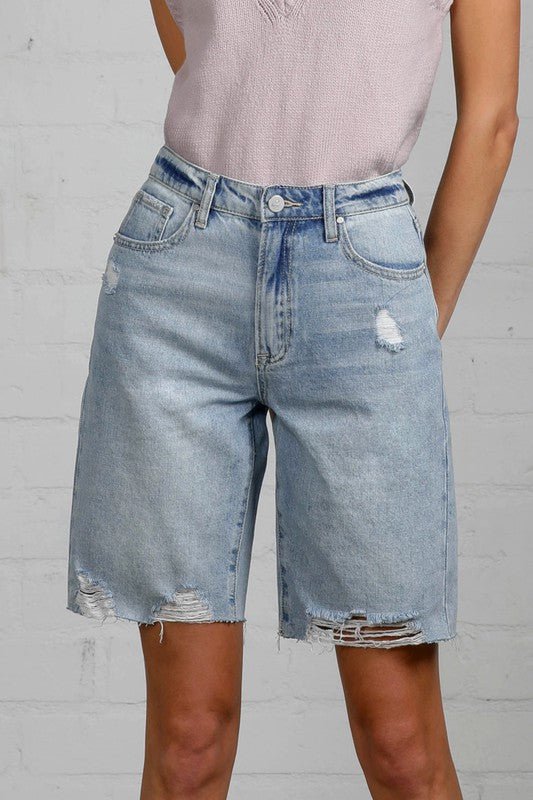 HIGH RISE BOTTOM HEM DISTRESSED BERMUDA SHORTS - Too Dimes Boutique