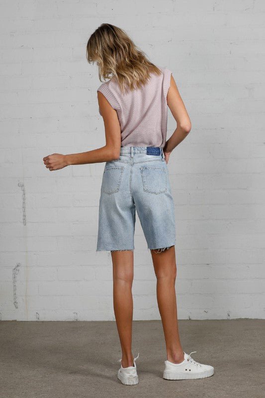 HIGH RISE BOTTOM HEM DISTRESSED BERMUDA SHORTS - Too Dimes Boutique